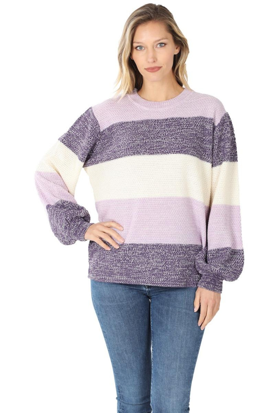 Zenana Womens Colorblock Balloon Sleeve Knit Sweater