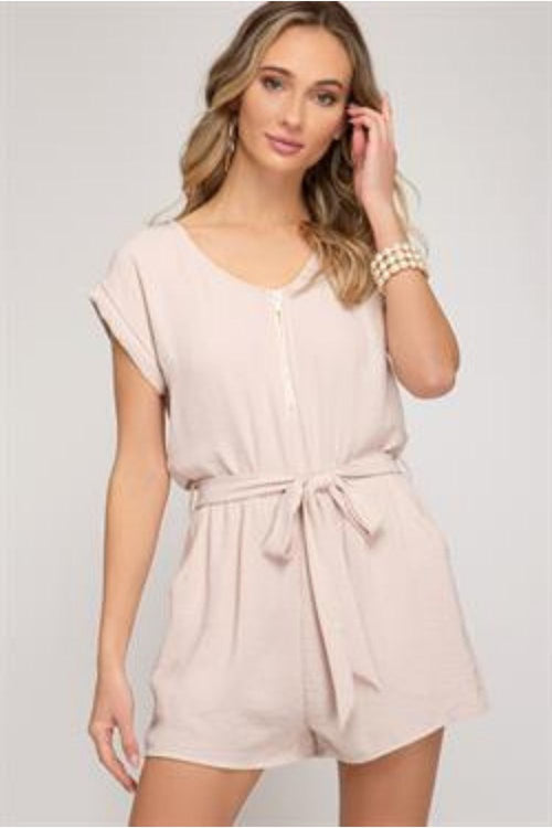 She + Sky Womens Zip Front Keyhole Back Romper, Light Taupe