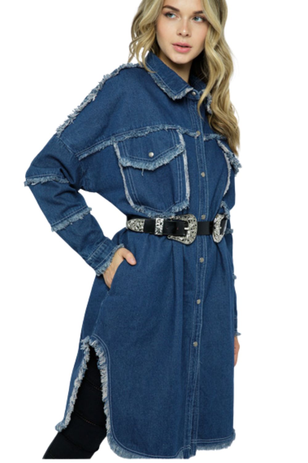 Vocal Apparel Womens Long Length Frayed Denim Jacket