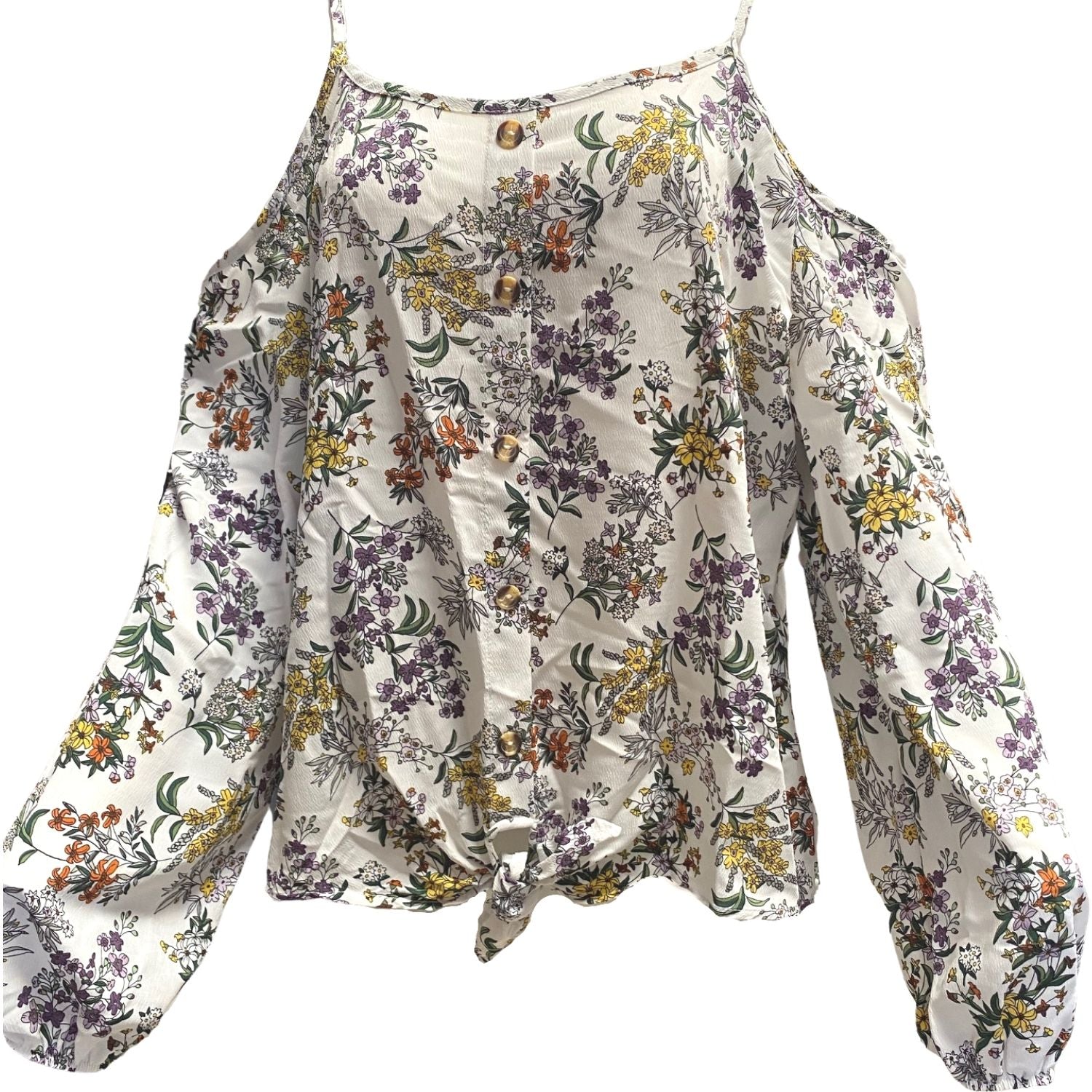 Veveret Womens Cold Shoulder Tie Front Floral Blouse