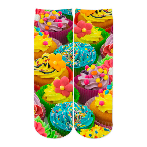 Sublime Designs Adult Fun Printed Crew Socks-Savory Sweets Decorated Cupcakes