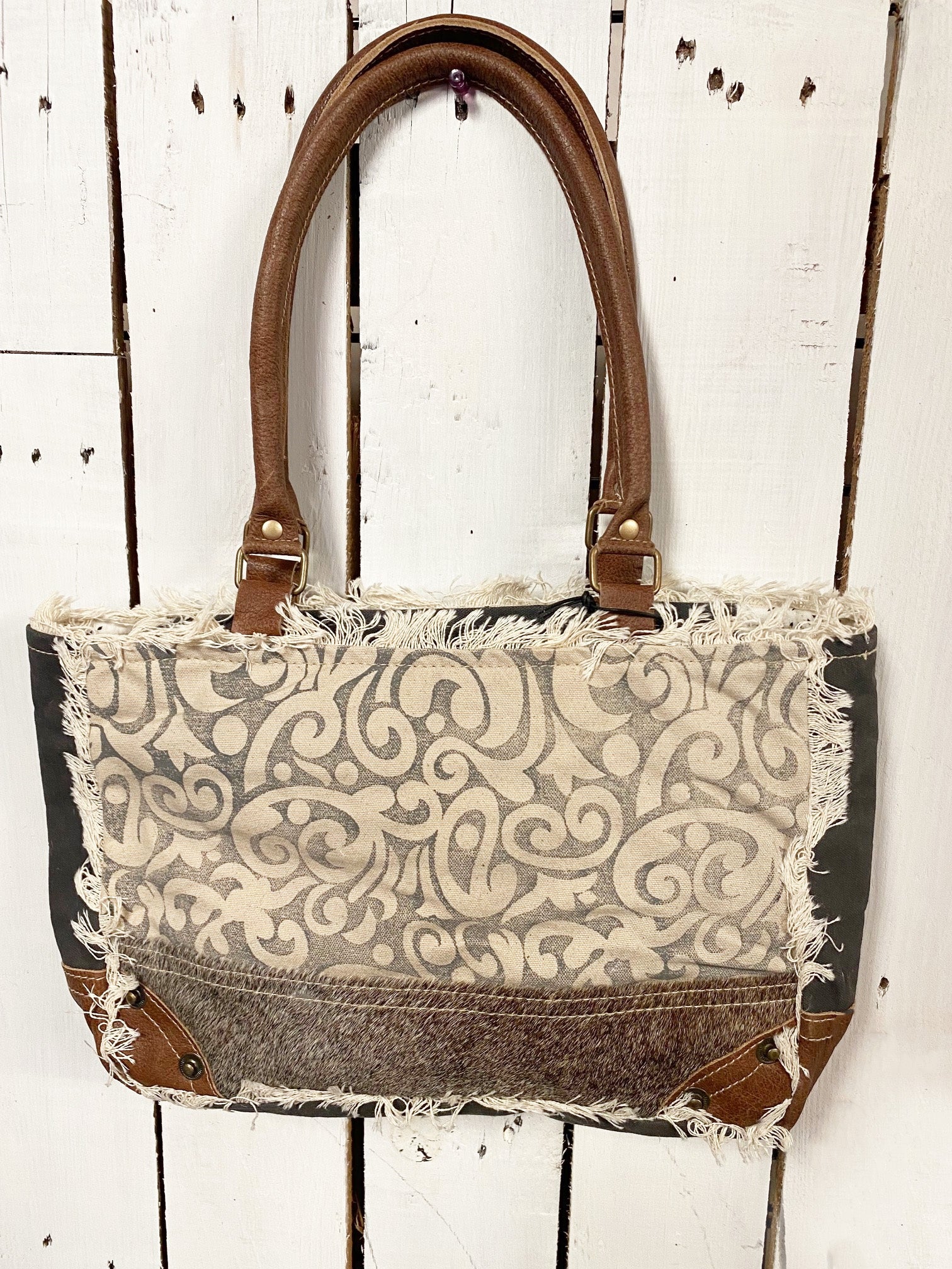Myra Bags Womens Leaf Print Upcycled Canvas Hairon Small Bag