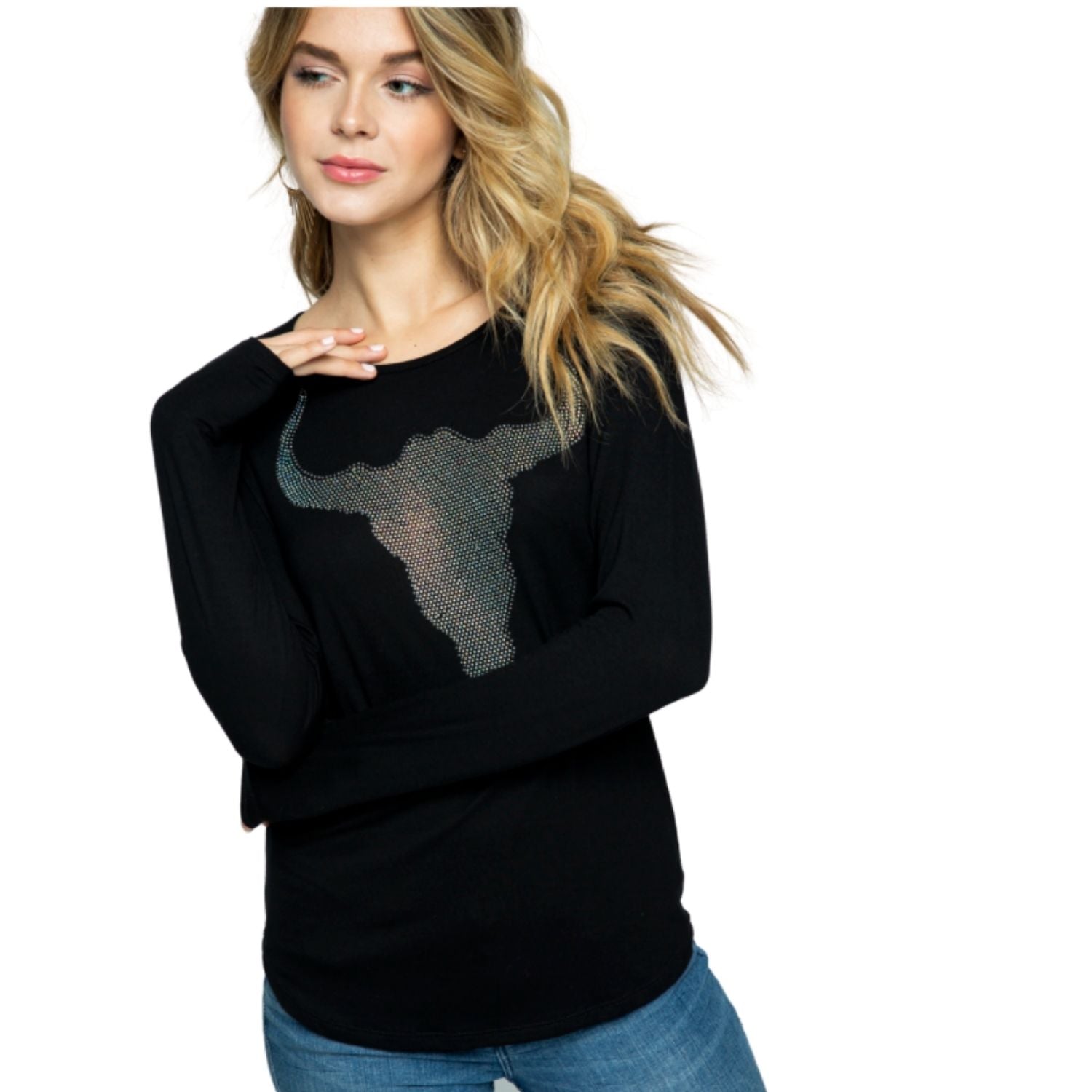 Vocal Womens Long Sleeve Rhinestone Bull Head Design Long Sleeve Tee Shirt,Black