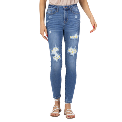 Judy Blue Womens Distressed High Rise Lemon Patch Skinny Jeans