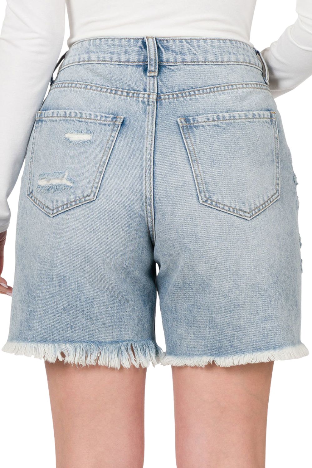 Zenana Womens Frayed Hem Distressed Denim Shorts