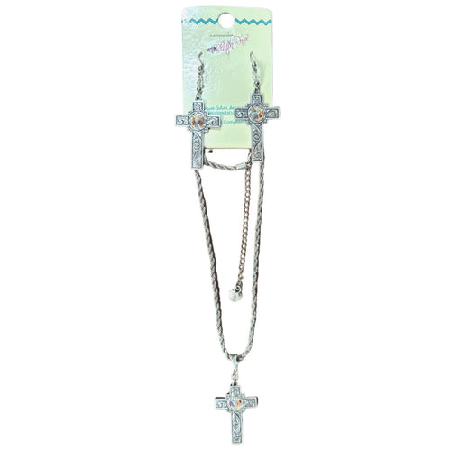 Blazin Roxx Cross with Stone Earrings and Necklace Set