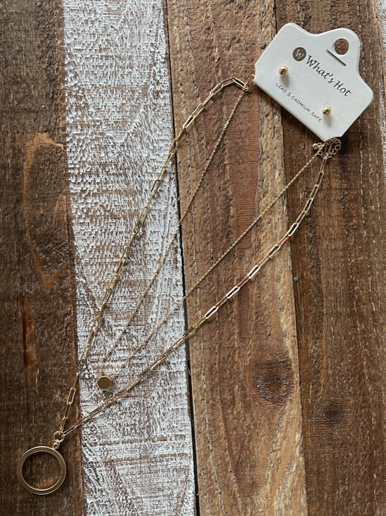 Gold Double Layered Open Circle 17"-19" Necklace & Earrings