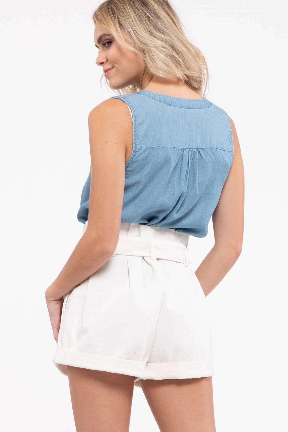 Mine Womens Chambray Button Down Sleeveless Top