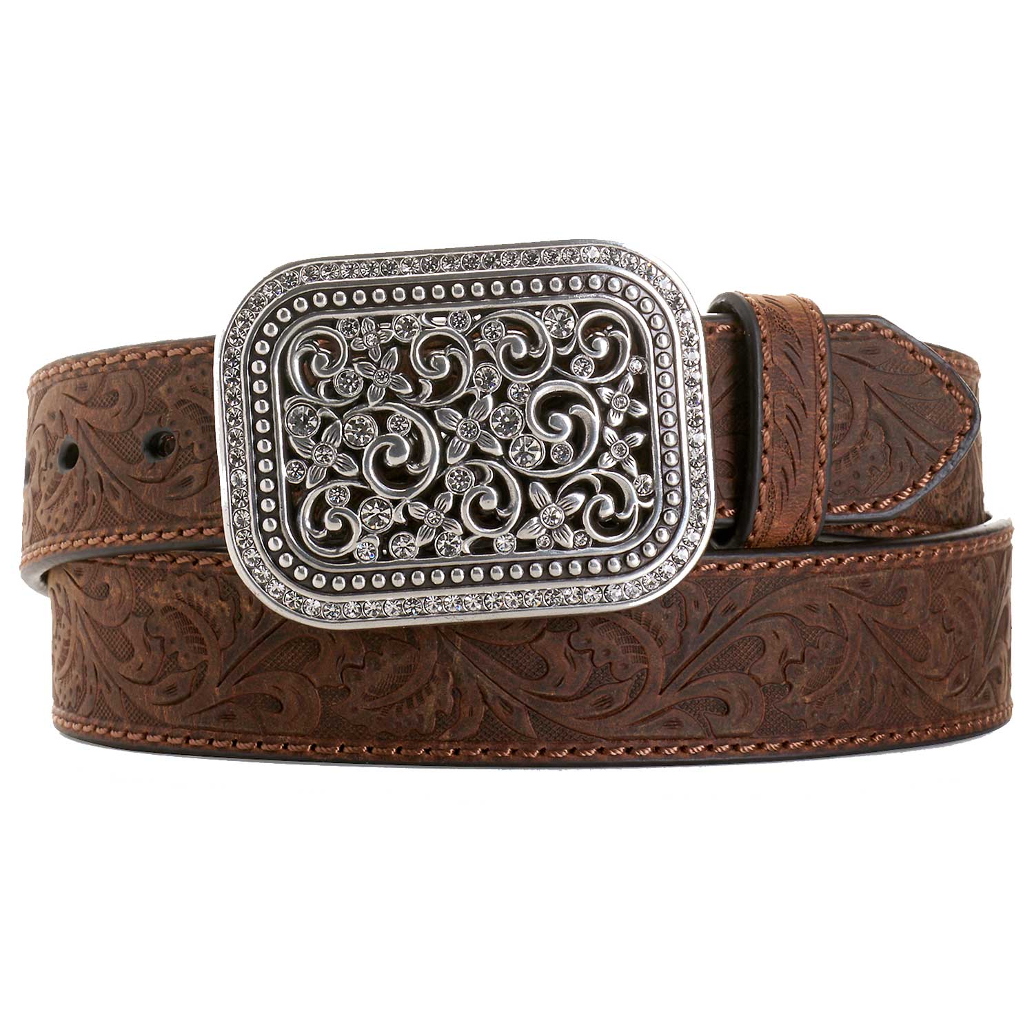 Ariat Womens Western Filigree Rhinestone Buckle Embossed Leather Belt