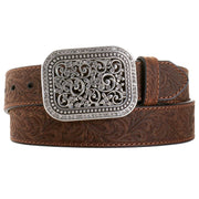 Ariat Womens Western Filigree Rhinestone Buckle Embossed Leather Belt