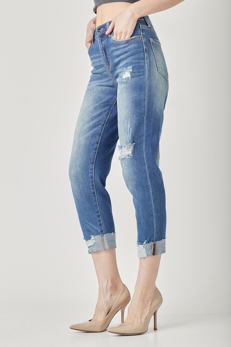 Risen Jeans Womens High Rise Boyfriend Distressed Denim Cuffed Jeans