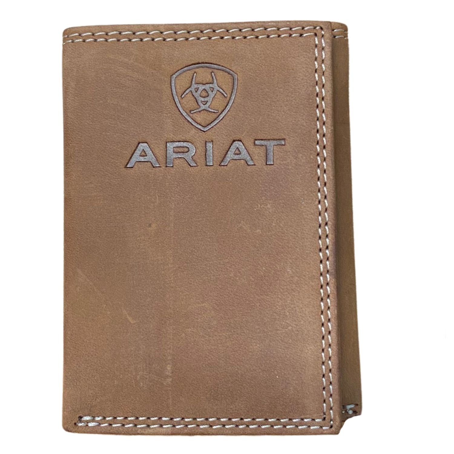 Ariat Mens Leather Embossed Shield Logo Tri-fold Wallet, Brown