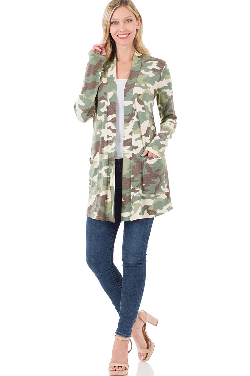 Zenana Womens Mid-Thigh Slouchy Pocket Camouflage Open Cardigan