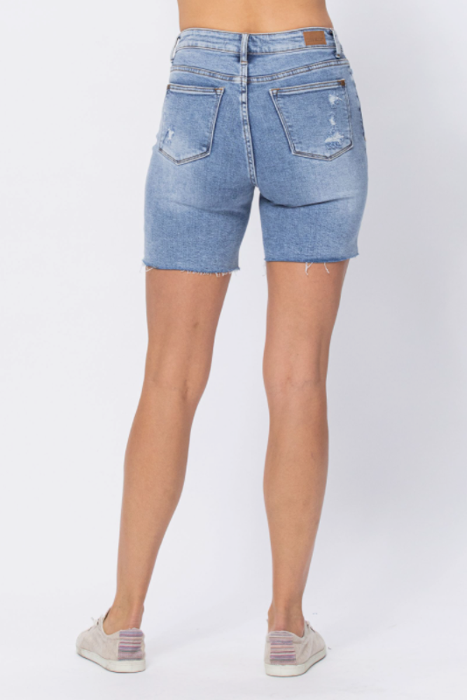 Judy Blue Womens High Waist Distressed Denim Patch Shorts