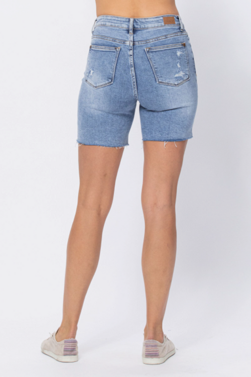 Judy Blue Womens High Waist Distressed Denim Patch Shorts