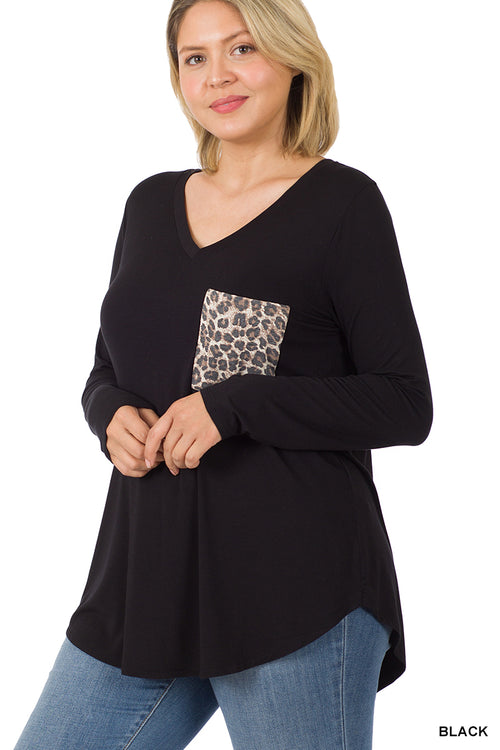 Zenana Womens Long Sleeve with Leopard Print Pocket V-Neck Top- Plus Sizes!