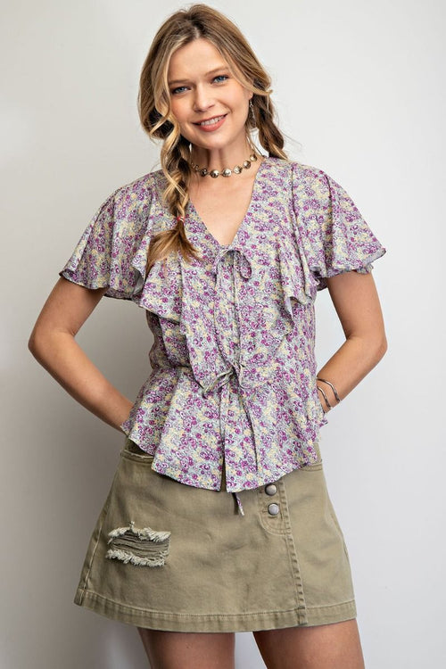 Easel Womens Floral Print Ruffled Short Sleeve Top