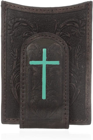 Ariat Mens Leather Painted Cross Card Case Money Clip (Brown)