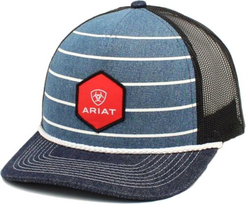 Ariat Mens Logo Adjustable Snapback Mesh Cap Hat (Denim White Stripe / Black)