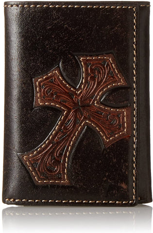 Nocona Men's Diagonal Cross Embossed Leather Tri-fold Wallet (Dark Brown)