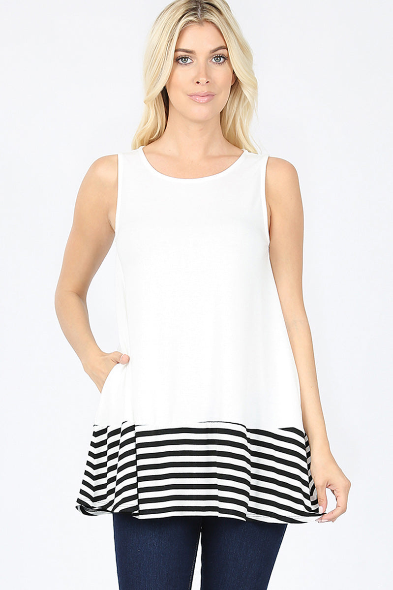 Zenana Womens Stripe Solid Contrast Sleeveless Top