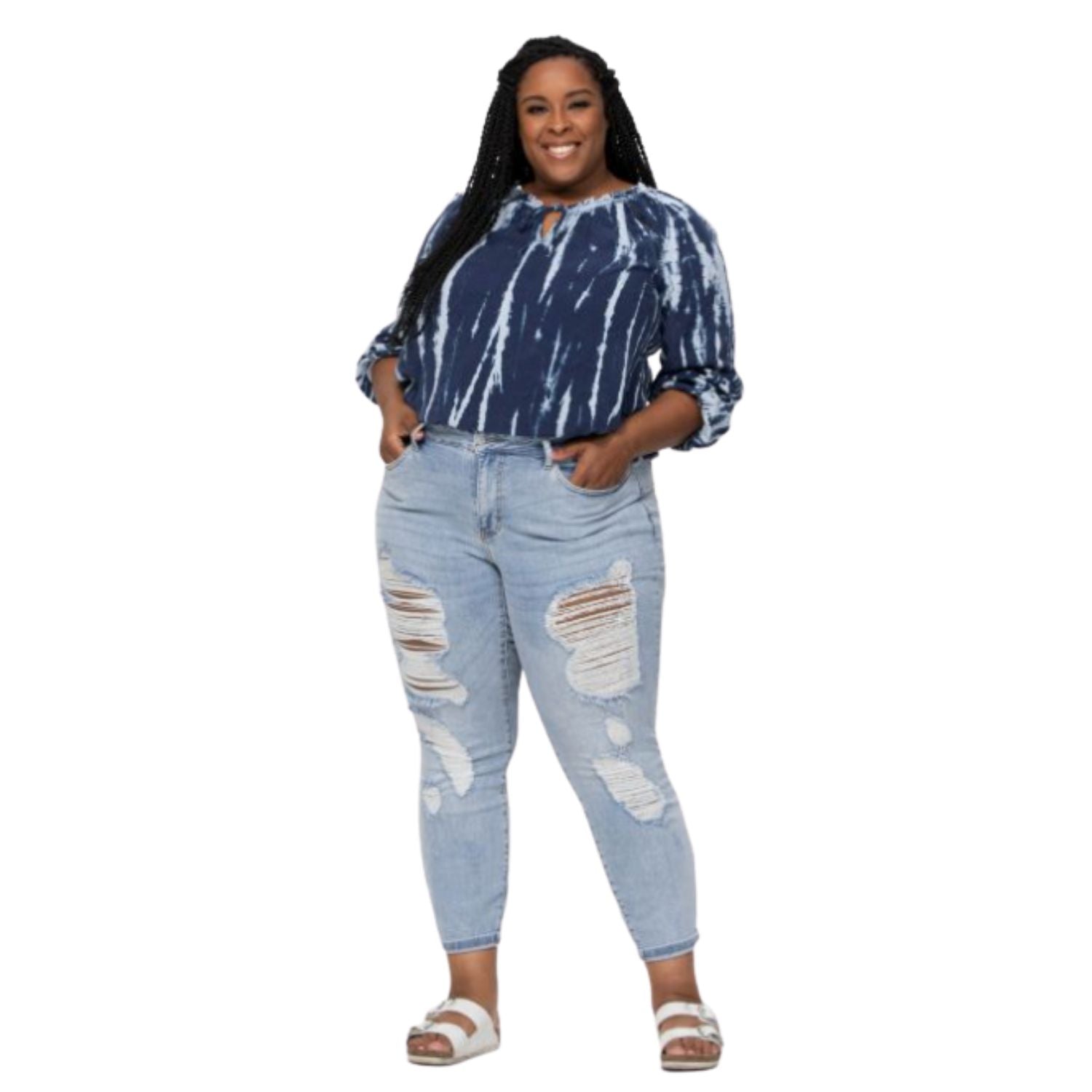 Judy Blue Womens Mid-Rise Destroyed Boyfriend Fit Jeans, Light Wash