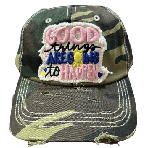 National Cap Womens Good Things are Going to Happen Distressed Patch Camo Hat