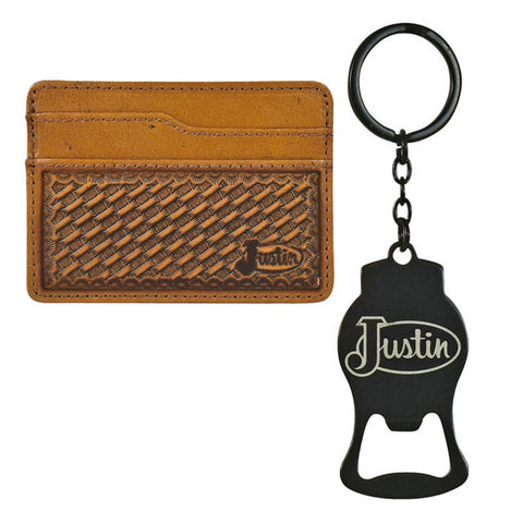Justin Mens Basketweave Leather Card Wallet & Key Fob