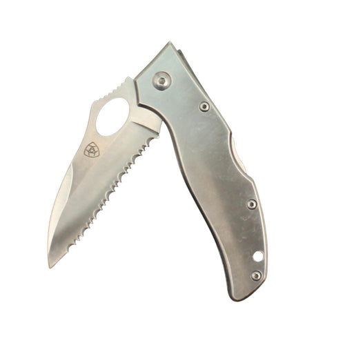 Ariat Stainless Steel Folding Knife 3" Serrated Edge Blade- Silver