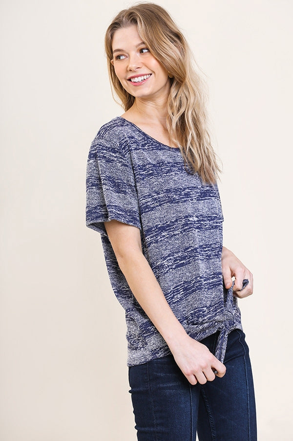 Umgee Womens Short Sleeve Round Neck Tonal Striped Top, Blue