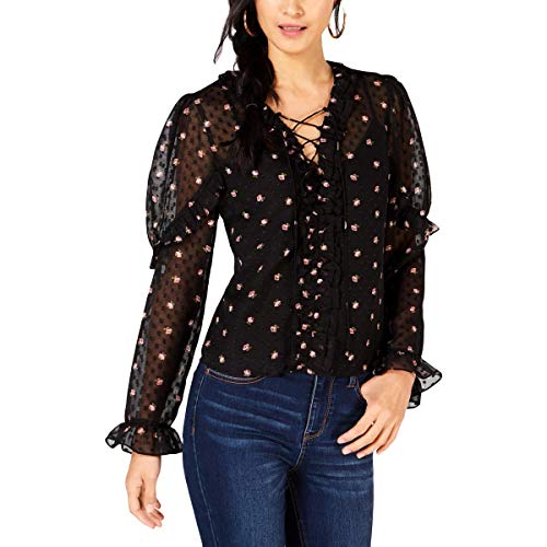 Leyden Womens Chiffon Floral Print Blouse Black S