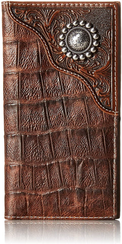 Ariat Mens Caiman Floral Over Circle Leather Rodeo Checkbook Wallet (Brown)