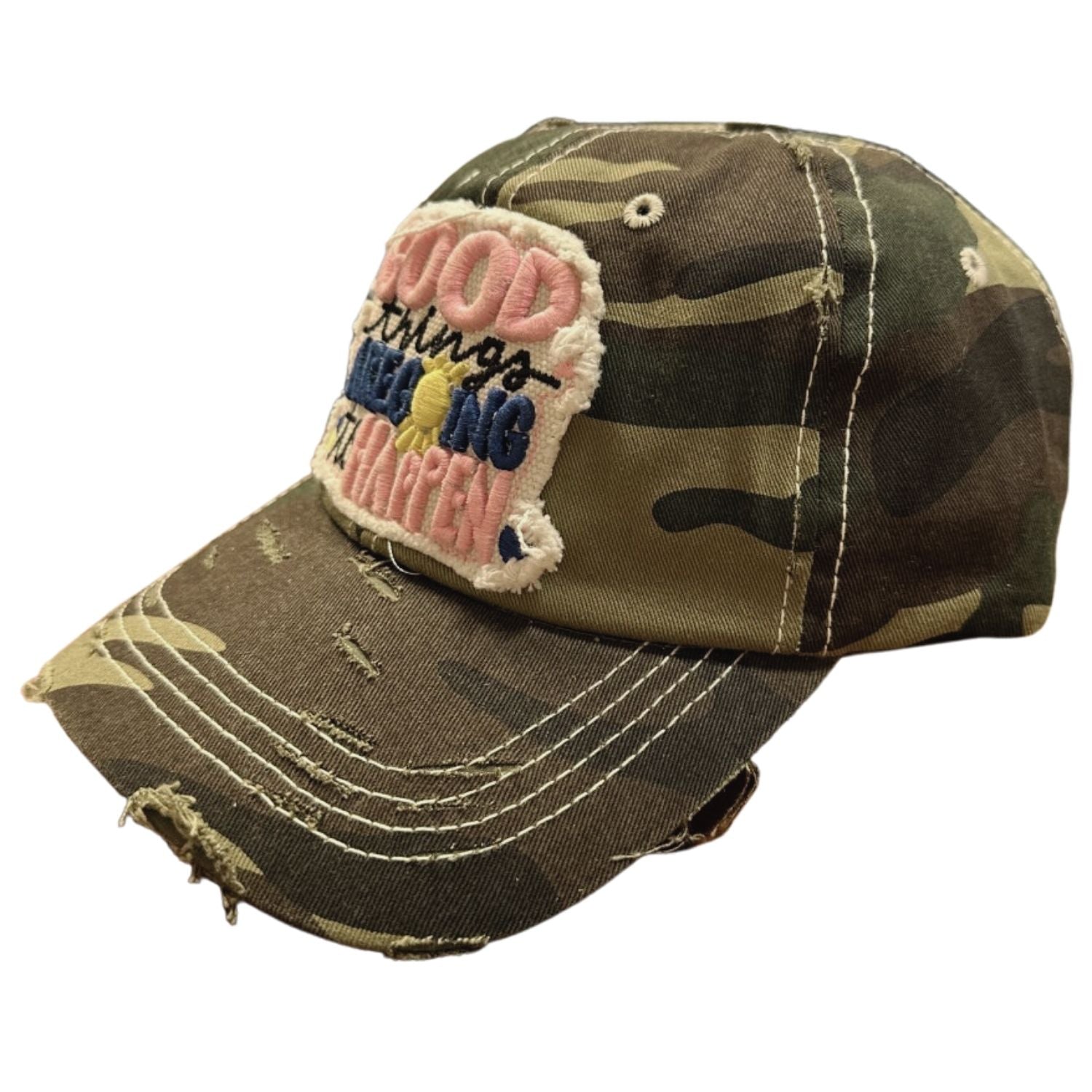 National Cap Womens Good Things are Going to Happen Distressed Patch Camo Hat