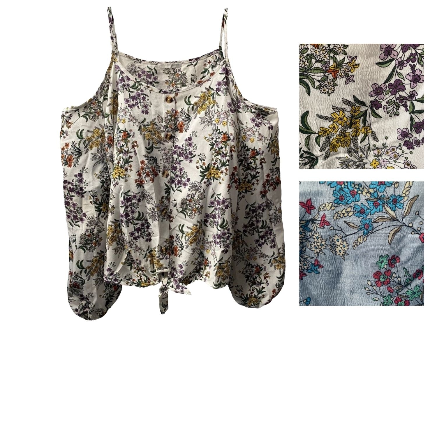 Veveret Womens Cold Shoulder Tie Front Floral Blouse