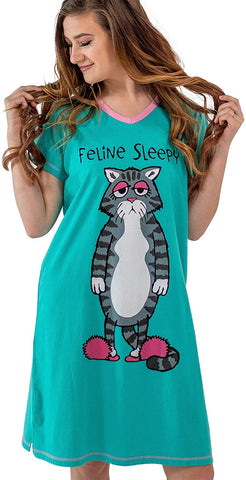 Lazy One Womens Feline Sleepy V-Neck Nightshirt