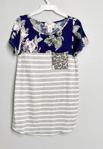 Lovely J Womens Pocket T Shirt, Floral with Stripes