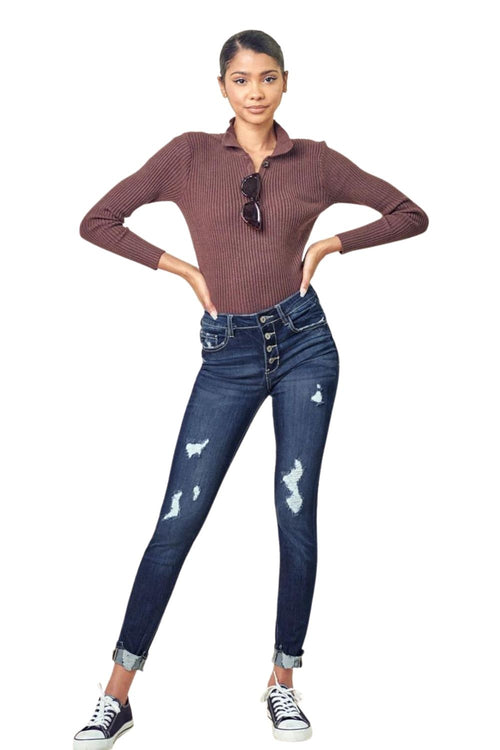 Kancan Womens Chelsea High Rise Super Skinny Distressed Denim Jeans