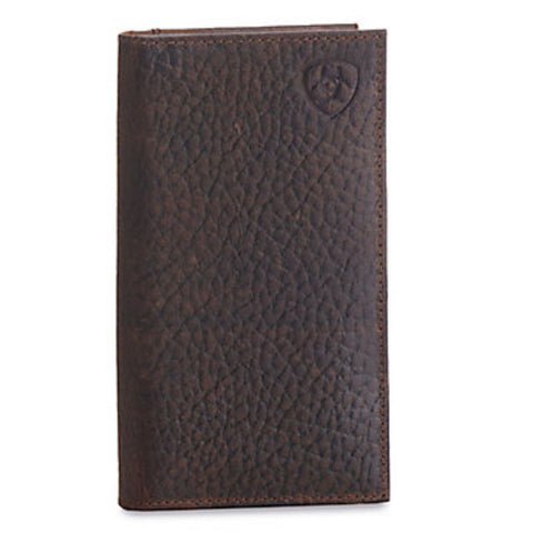 Ariat Mens Pebbled Leather Embossed Shield Logo Rodeo Checkbook Wallet, Brown