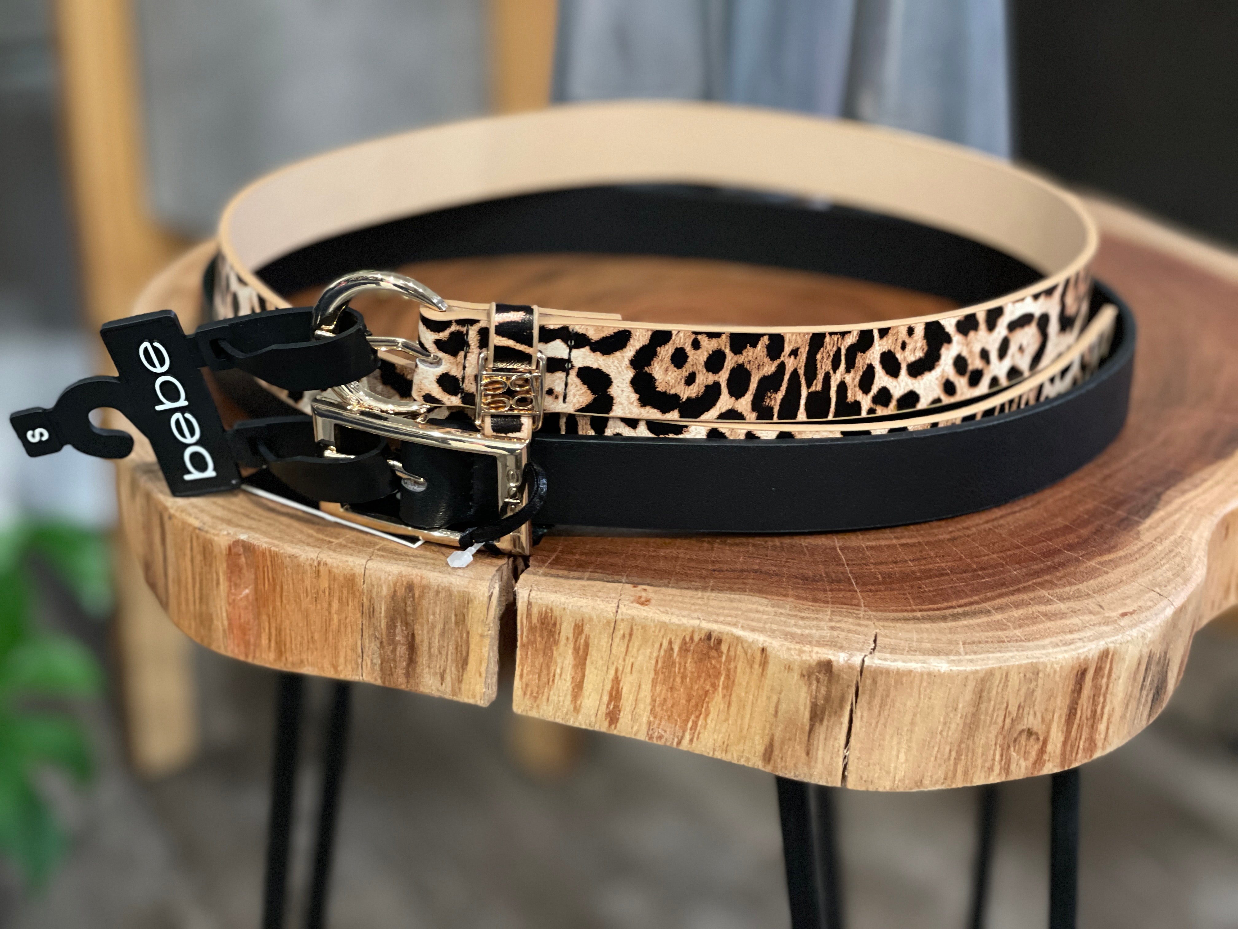 Bebe Skinny Belt Set, 1 Black and 1 Leopard, 1" Width