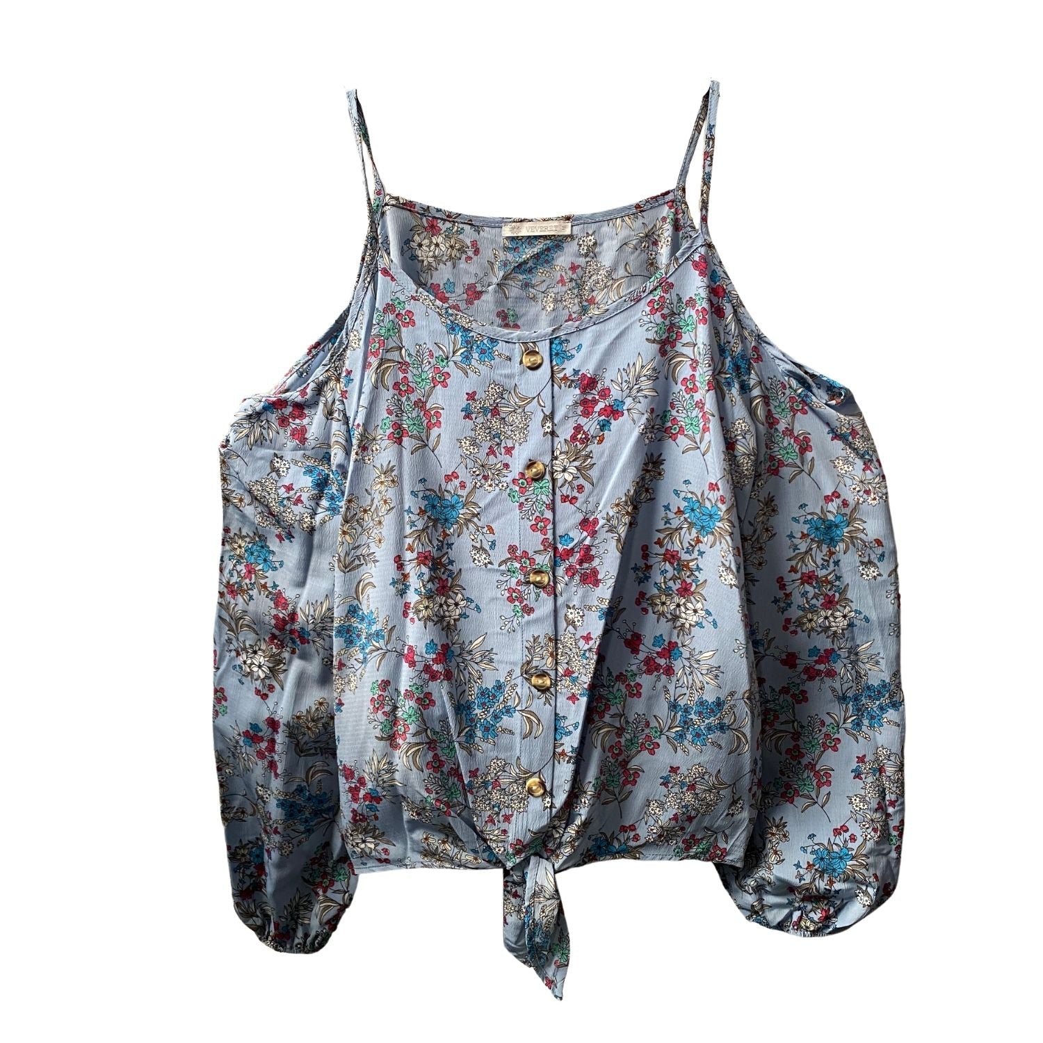 Veveret Womens Cold Shoulder Tie Front Floral Blouse