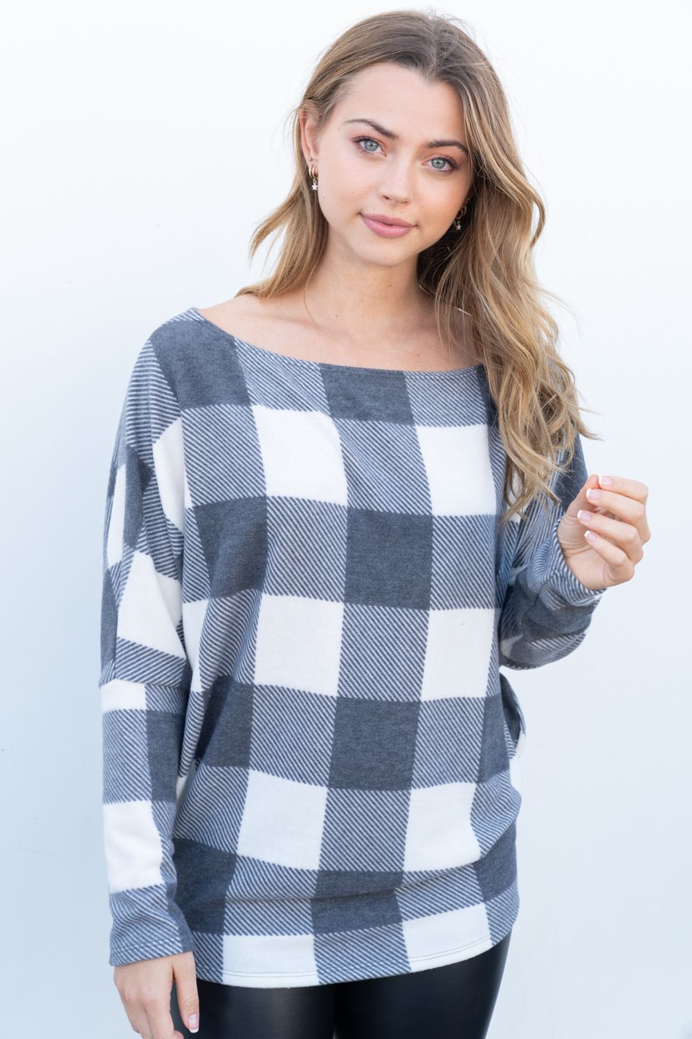 White Birch Womens Dolman Sleeve Buffalo Plaid Knit Top