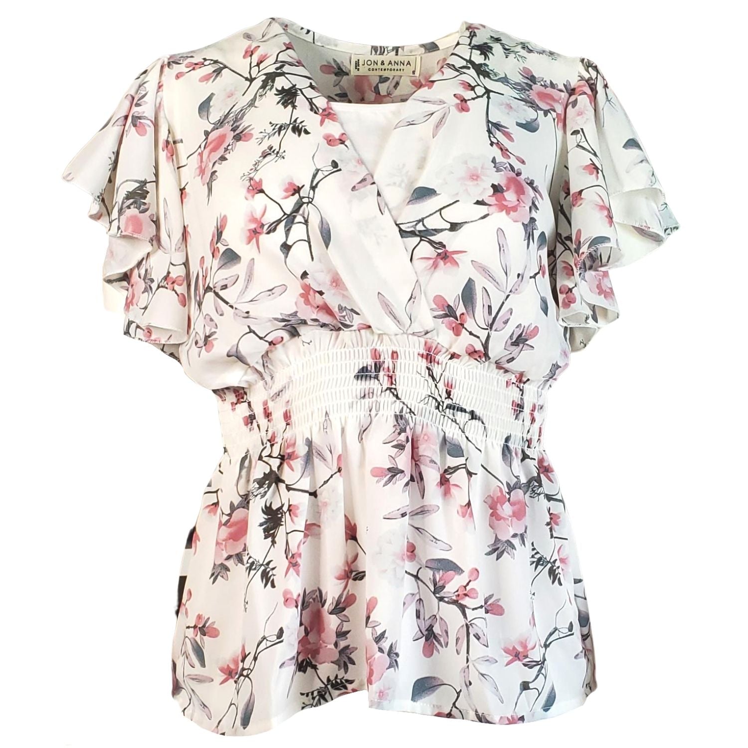 Jon & Anna Womens Floral Print V-Neck Ruffle Top