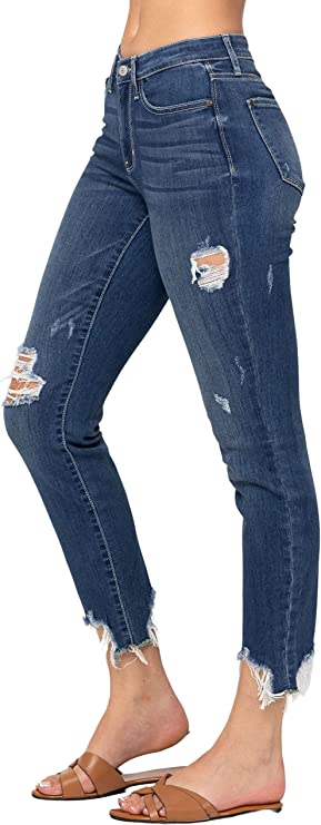 Judy Blue Womens Mid Rise Shark Bite Frayed Hem Slim Fit Jeans