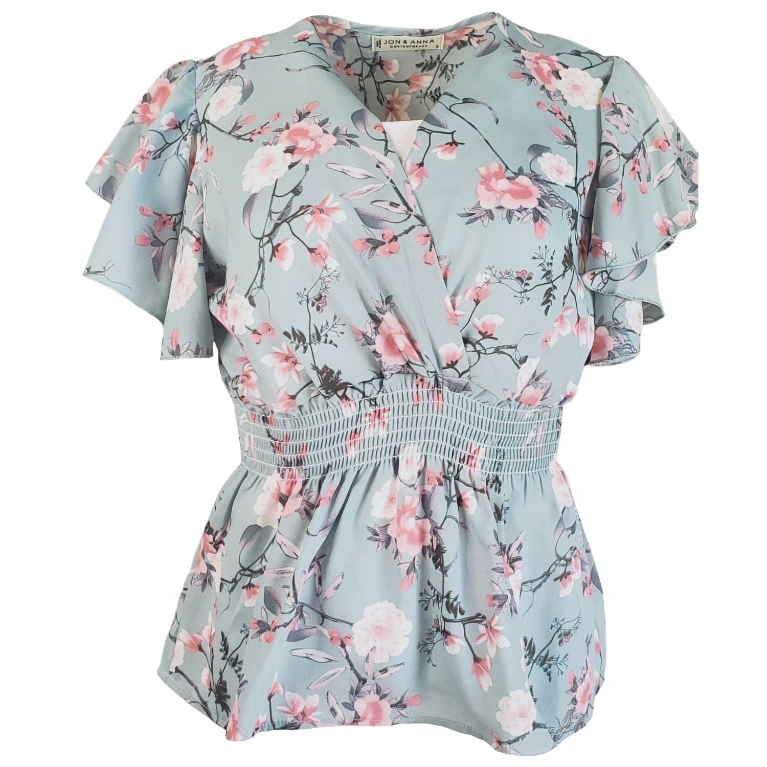 Jon & Anna Womens Floral Print V-Neck Ruffle Top