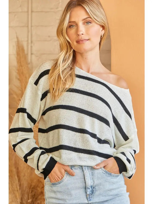 Andree by Unit Womens Off Shoulder Lightweight Striped Sweater