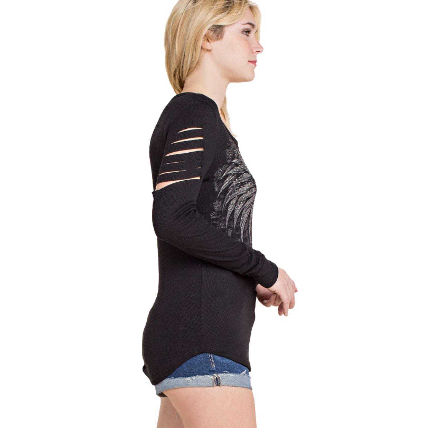 Vocal Womens Ribbed Long sleeve Top with Rhinestones and Laser Cut Details