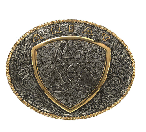 Ariat Mens Oval Two Tone Floral Filigree Shield Logo Belt Buckle