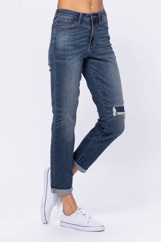 Judy Blue High Rise Denim Patch Distressed Boyfriend Jeans