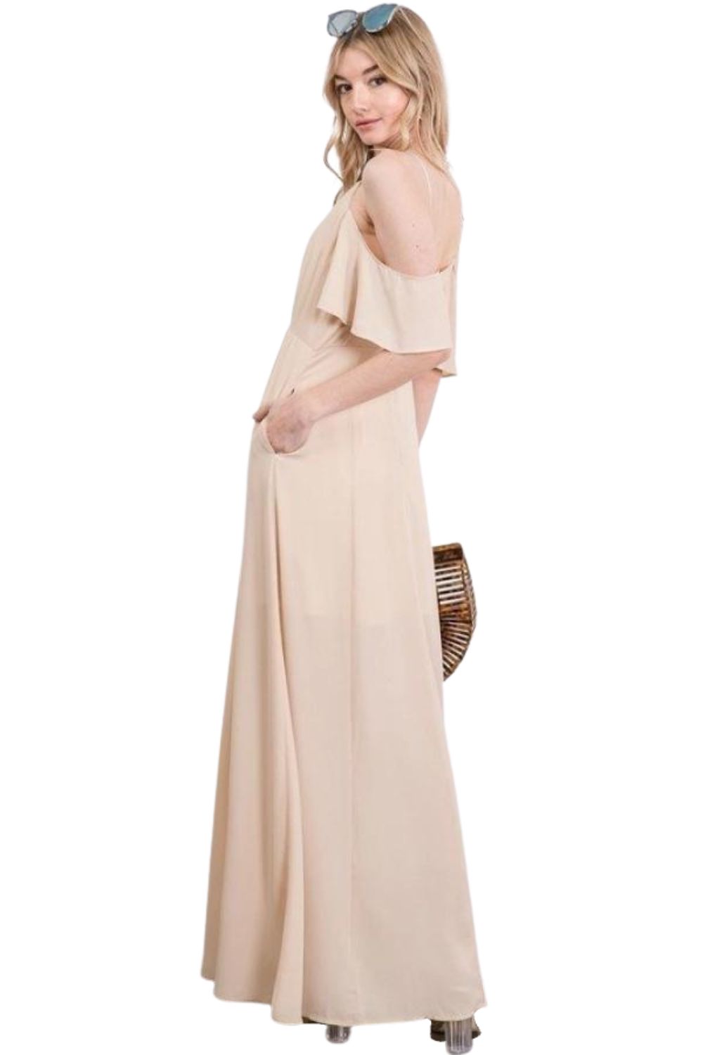 Davi & Dani Womens Ruffle Sleeve Cold Shoulder Maxi Dress