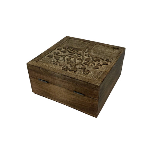 Hand Carved Tree of Love Hinged Square Table Box